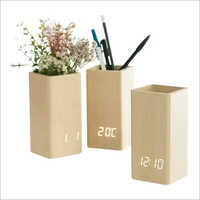 Wooden Style Pen Holder With Digit Alarm Clock And Temperature Measurement - Material: Plastic
