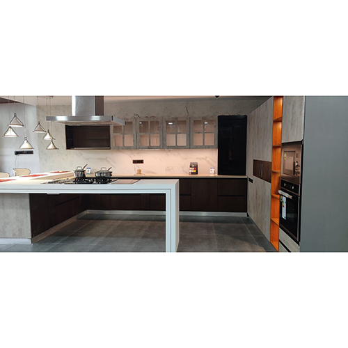 Modular Kitchen With Ceiling Hung Chimney And Pantry Unit