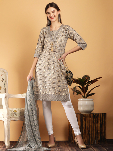 Grey magic print v paturn kurti with dupatta P6