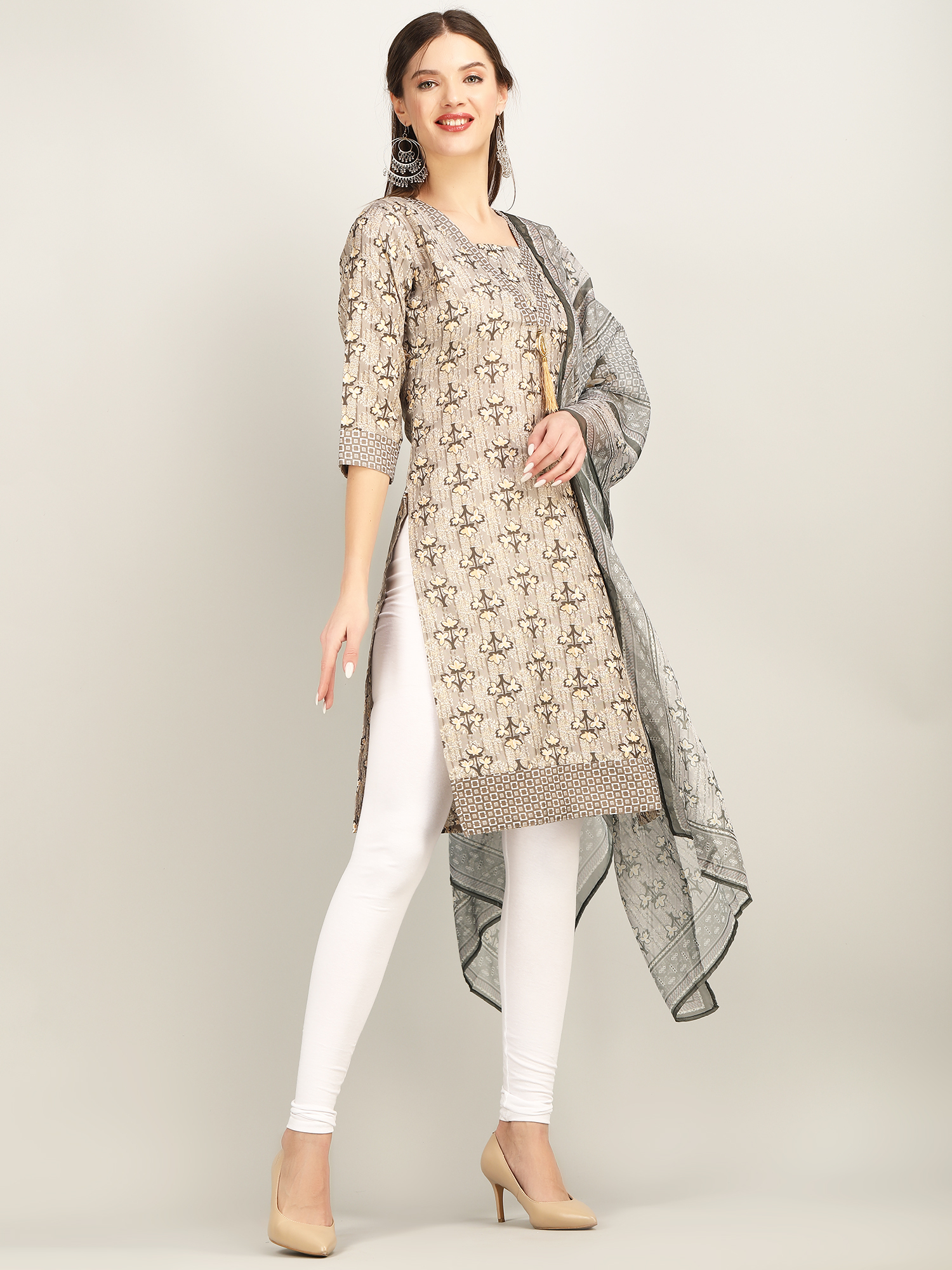Grey magic print v paturn kurti with dupatta P6