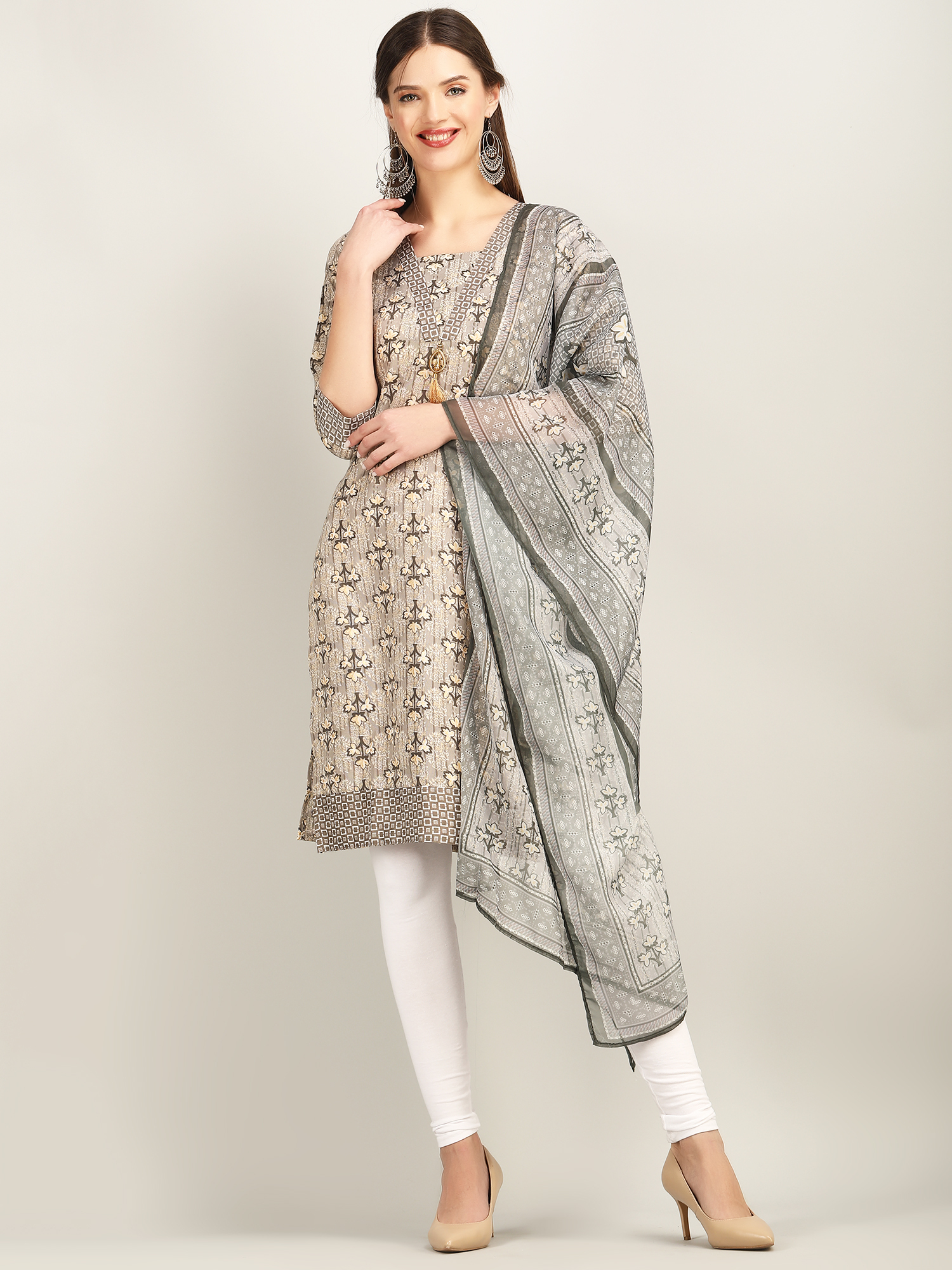 Grey magic print v paturn kurti with dupatta P6