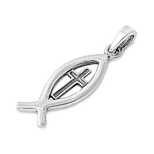 925 Sterling Silver Handmade Plain Silver Fish Cross Pendant