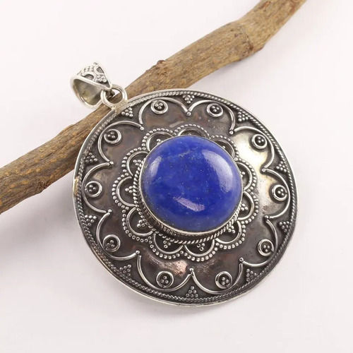 925 Sterling Silver Blue Lapis Lazuli Round Cabochon Stone Oxidized Indian Jewellery Pendant