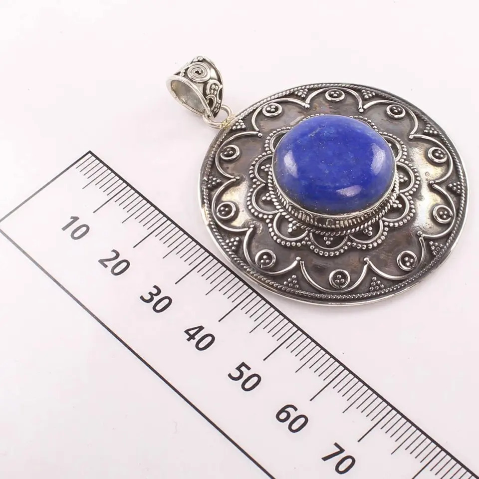 925 Sterling Silver Blue Lapis Lazuli Round Cabochon Stone Oxidized Indian Jewellery Pendant