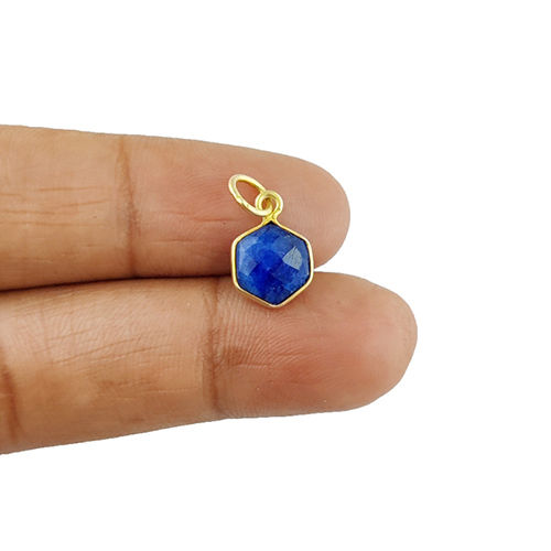 Charms Dyed Sapphire Gemstone Hexagon Shape Gold Vermeil 10mm Bezel Pendant