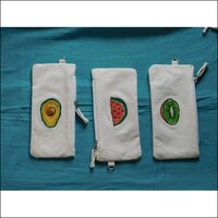 Pen Pencil Bag - Cotton, White, Zipper Closure | Embroidered Fruits, Durable, Lightweight, Portable, Stylish