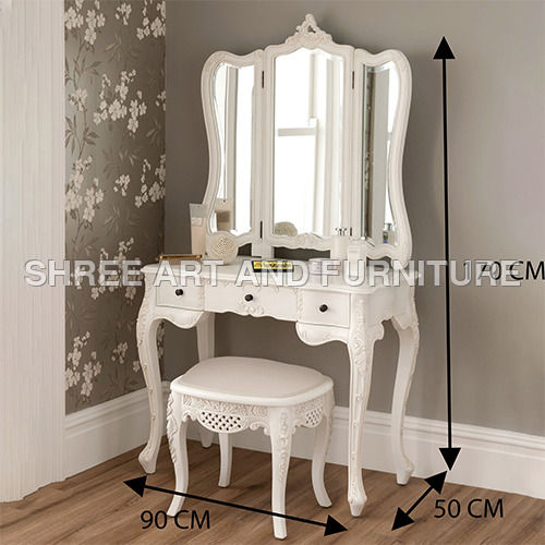 White Fsdt002 Antique French Dressing Table With Mirror And Stool