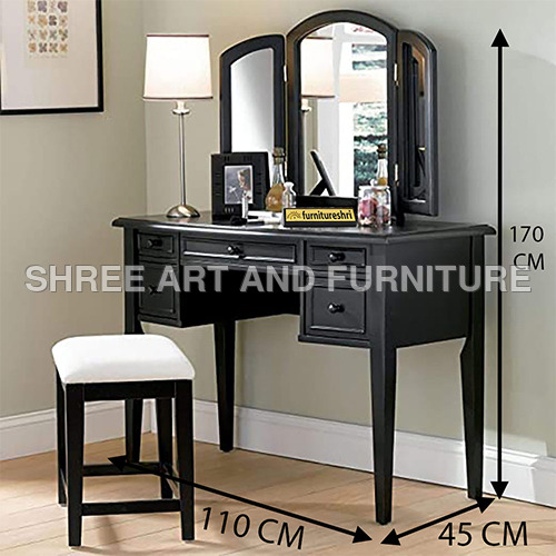 FSDT018 Black Antique French Dressing Table with Mirror and Stool