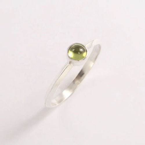 925 Sterling Silver Attractive Natural Green Peridot Round Cabochon Tiny Cute Ring
