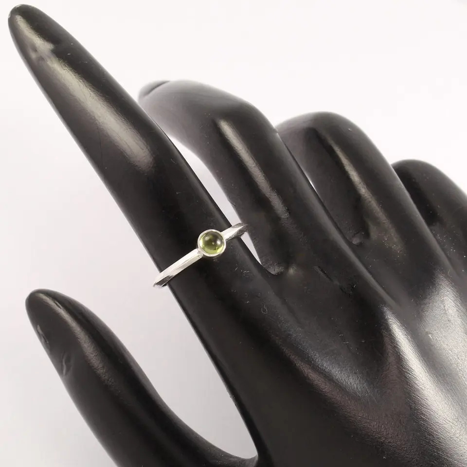 925 Sterling Silver Attractive Natural Green Peridot Round Cabochon Tiny Cute Ring