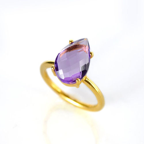 Amethyst Gemstone 9x13mm Teardrop Prong Set Gold Vermeil Ring