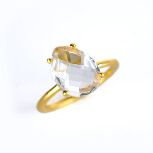 Clear Quartz Gemstone 9x13mm Teardrop Prong Set Gold Vermeil Ring