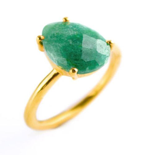 Dyed Emerald Gemstone 9x13mm Teardrop Prong Set Gold Vermeil Ring