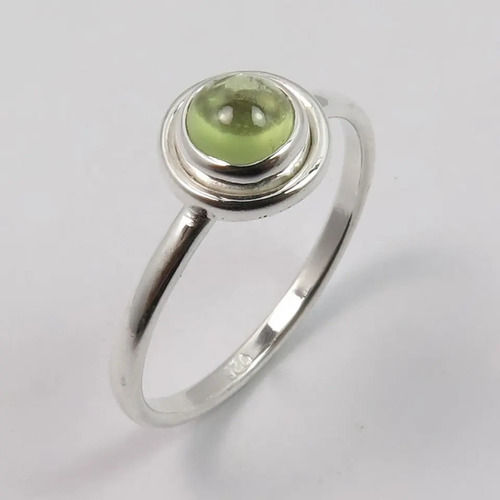 925 Sterling Silver Natural Green Peridot Round Cabochon Tiny Ring