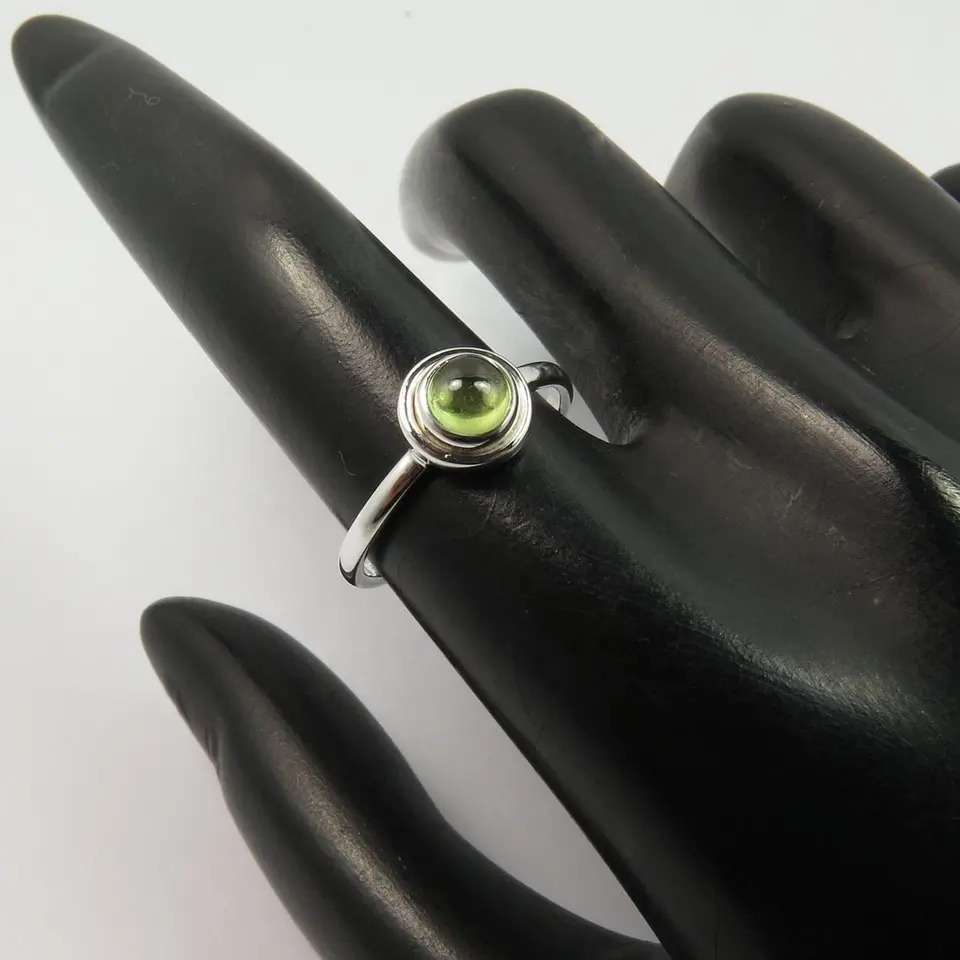 925 Sterling Silver Natural Green Peridot Round Cabochon Tiny Ring