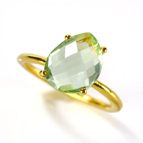Green Amethyst Gemstone 9x13mm Teardrop Prong Set Gold Vermeil Ring