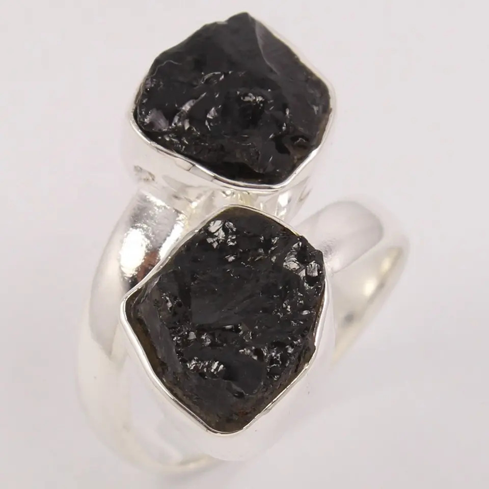 925 Sterling Silver Attractive Adjustable Black Tourmaline Rough Ring