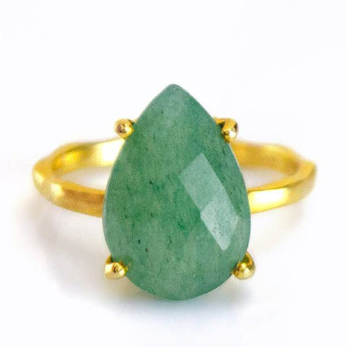 Pear Green Aventurine Gemstone 9X13Mm Teardrop Prong Set Gold Vermeil Ring