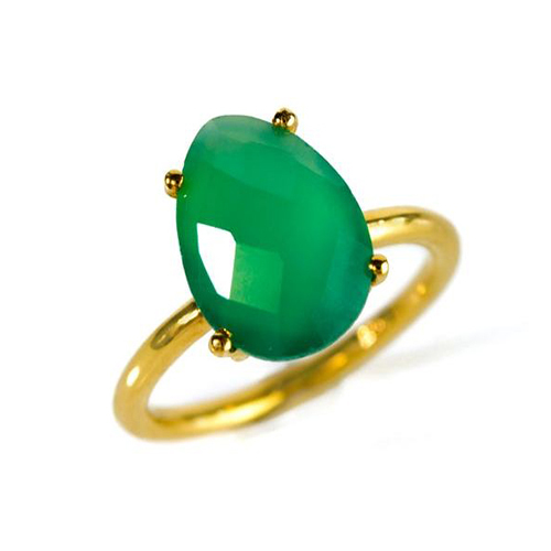 Green Onyx Gemstone 9x13mm Teardrop Prong Set Gold Vermeil Ring