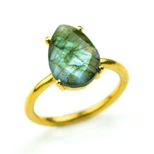 Labradorite Gemstone 9x13mm Teardrop Prong Set Gold Vermeil Ring