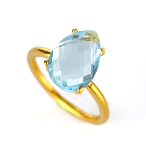 London Blue Topaz Quartz Gemstone 9x13mm Teardrop Prong Set Gold Vermeil Ring