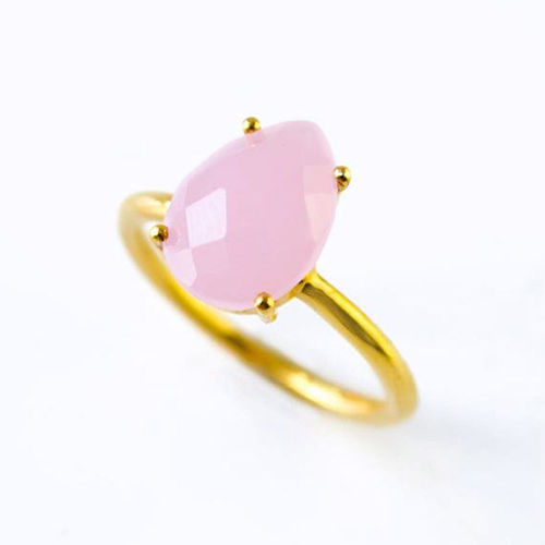 Pear Pink Chalcedony Gemstone 9X13Mm Teardrop Prong Set Gold Vermeil Ring