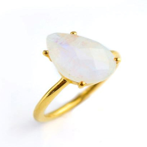 Rainbow Moonstone Gemstone 9x13mm Teardrop Prong Set Gold Vermeil Ring