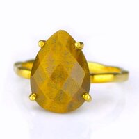 Tiger Eye Gemstone 9x13mm Teardrop Prong Set Gold Vermeil Ring