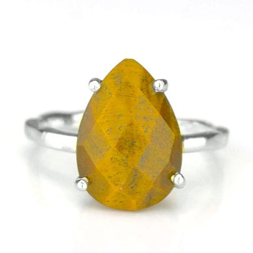 Tiger Eye Gemstone 9x13mm Teardrop Prong Set Gold Vermeil Ring