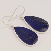 925 Sterling Silver Attractive Real Lapis Lazuli Pear Large Stone Dangle Hoop Earrings