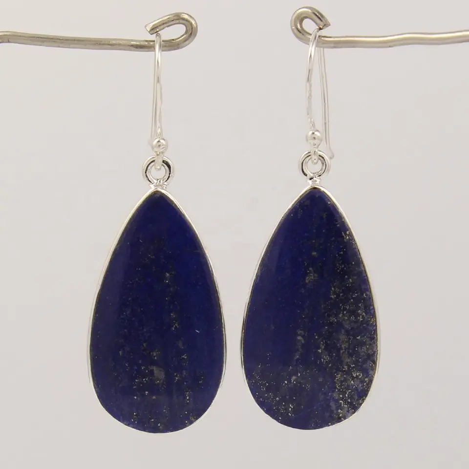 925 Sterling Silver Attractive Real Lapis Lazuli Pear Large Stone Dangle Hoop Earrings