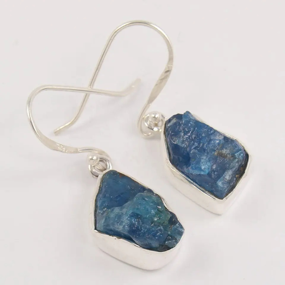 925 Sterling Silver Handmade Attractive Neon Apatite Raw Gemstone Dangle Earrings