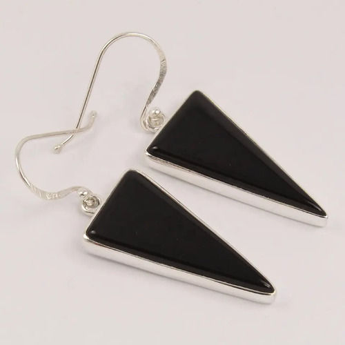 925 Sterling Silver Unique Black Onyx Triangle Long Stones Earrings