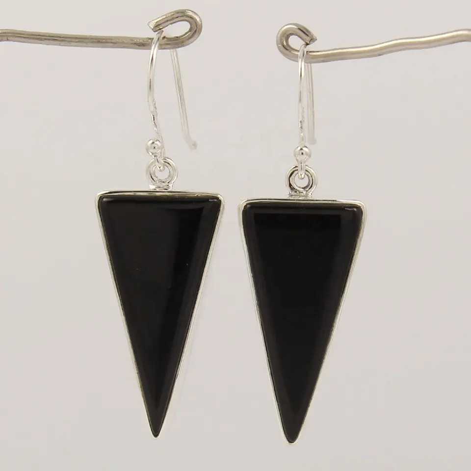 925 Sterling Silver Unique Black Onyx Triangle Long Stones Earrings