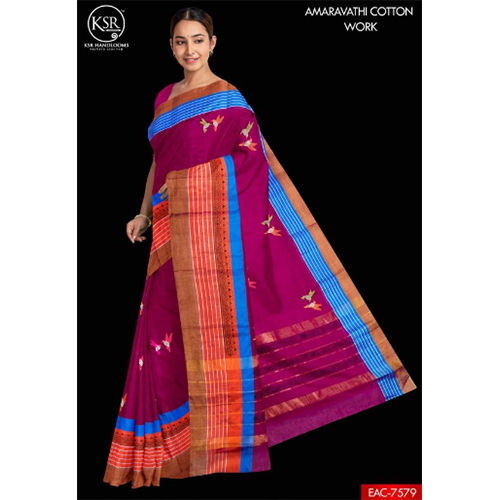 Amaravathi Cotton Work Embroidery Sarees - Color: Different Available