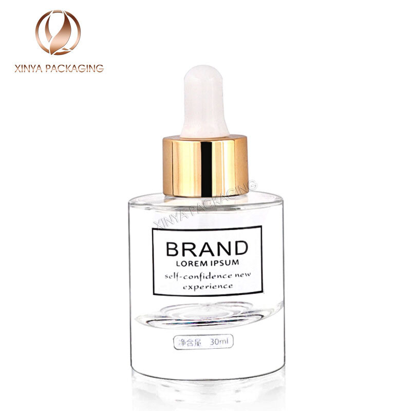 30ml 50ml round flat shoulder clear glass Dropper Bottle serum essential oil foundation skincare cosmetic packaging
