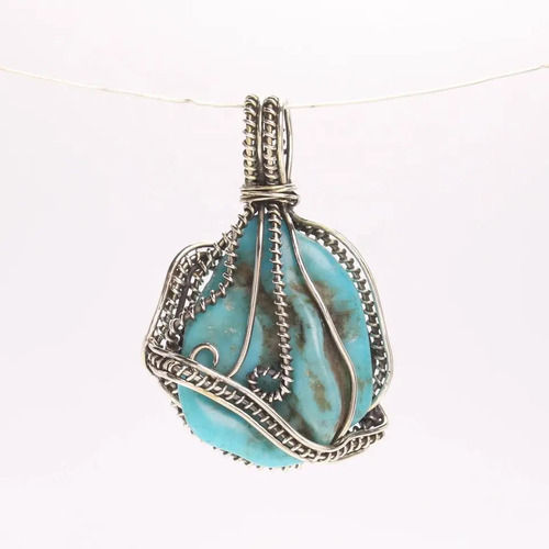 925 Sterling Silver Natural Sleeping Beauty Turquoise Tumbled Oxidized wired Pendant