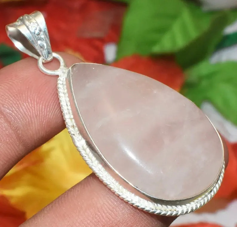 925 Sterling Silver Unique Handmade Natural Rose Quartz Solid Silver Pear Pendant