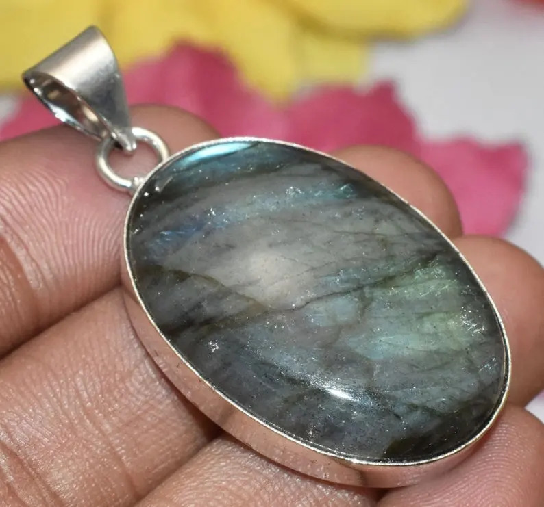 925 Sterling Silver Handcrafted Labradorite Oval Black Rainbow Moonstone Pendants