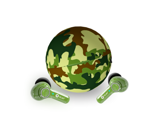 Bluei Playpods army colored and Cricket Themed round case true wireless earbuds with up to 22 hours playtime Hi  Fi music and bass TWS Function Sweat proof Flash connection with Type c charging