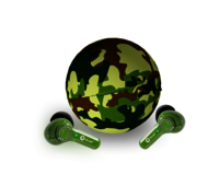 Bluei Playpods army colored and Cricket Themed round case true wireless earbuds with up to 22 hours playtime Hi  Fi music and bass TWS Function Sweat proof Flash connection with Type c charging