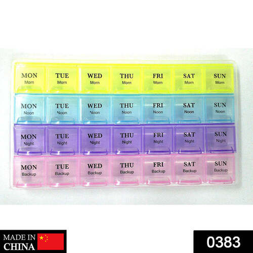 Pill Case- 4 Row 28 Squares Weekly 7 Days Tablet Box Holder Medicine Storage Organizer Container (0383)