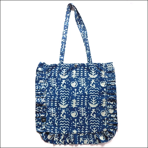 Indigo Bagru Print Tote Bag With Lace - Multicolor , Customizable Design and Sizes Available, Printed Cotton Blend for Stylish Versatility