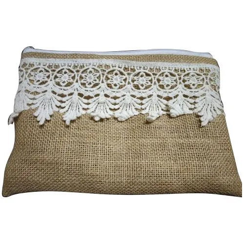 9x12 Inch Jute Zipper Pouch Bag - Jute Material, 9x12 Inch Size, Light Brown Color | Embroidered Design, Durable Zipper Closure for Shopping