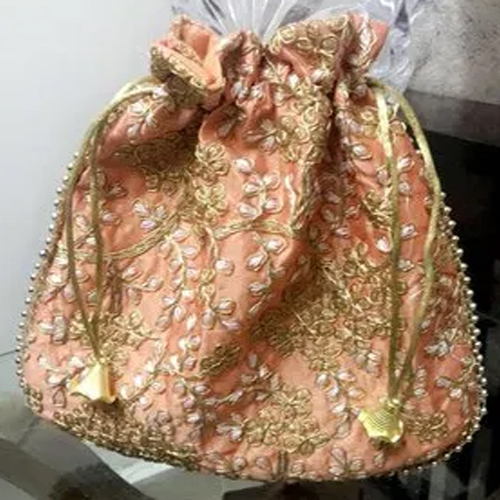 Embroidered Fabric Potli Bag - Cotton, Peach Color, Satin Design | Drawstring Closure, Pearl Bead Detailing, Floral and Paisley Patterns