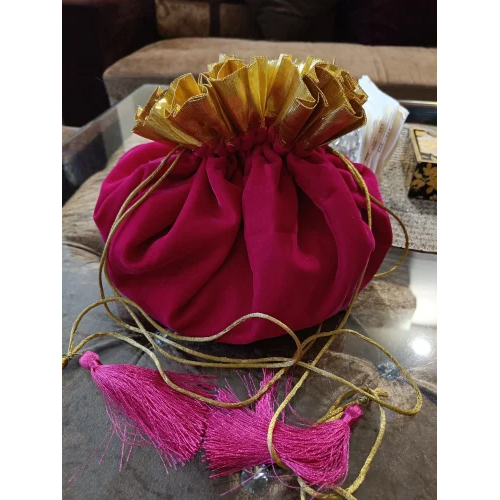 Wedding Potli Bag - Cotton Fabric 12x10 inches Pink-Golden | Attractive Design with Smooth Drawstring Closure for Bridal Party Gifts