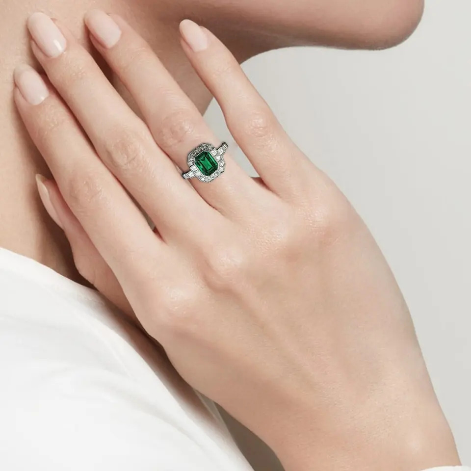 925 Sterling Silver Unique Lab Created Emerald Octagon Engagement Ring