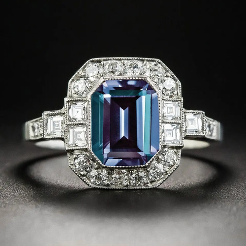 925 Sterling Silver Lab Created Emerald Cut Alexandrite Vintage Style Engagement Ring A