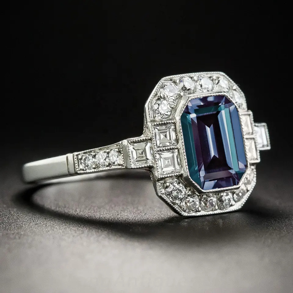 925 Sterling Silver Lab Created Emerald Cut Alexandrite Vintage Style Engagement Ring A