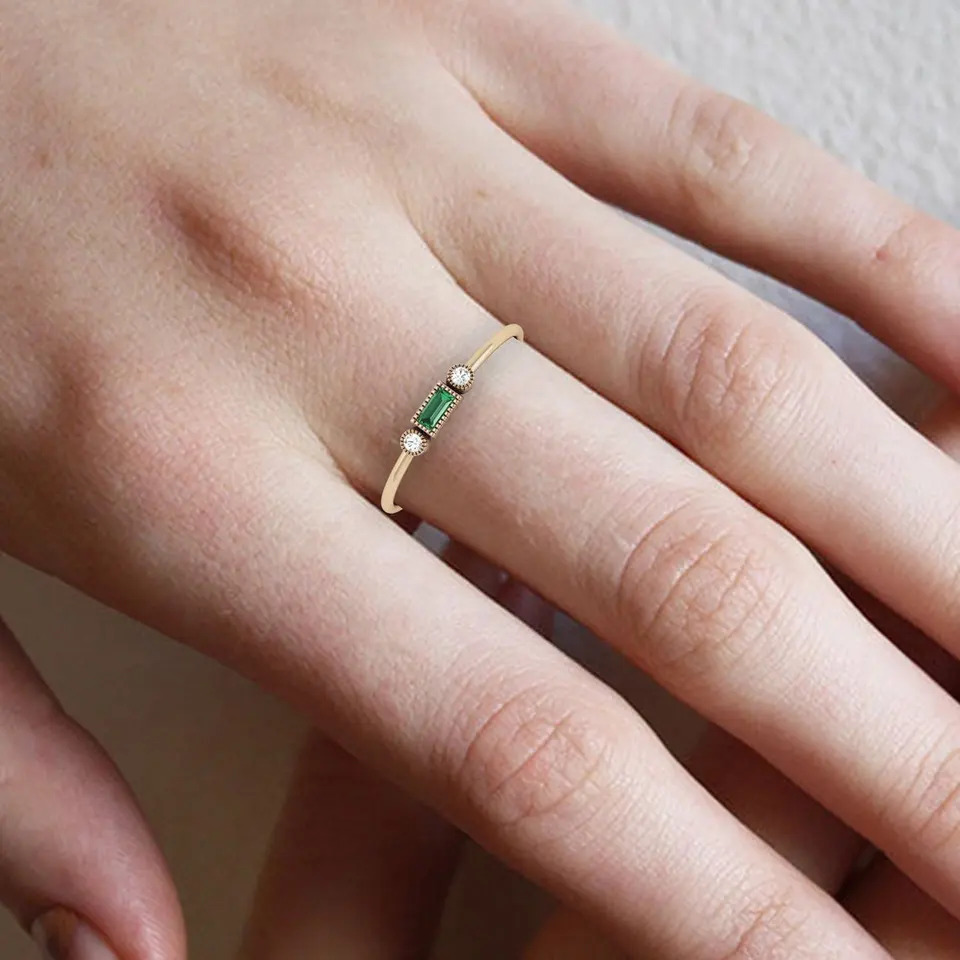 925 Solid Sterling Silver Dainty Simple Emerald Stacking Ring